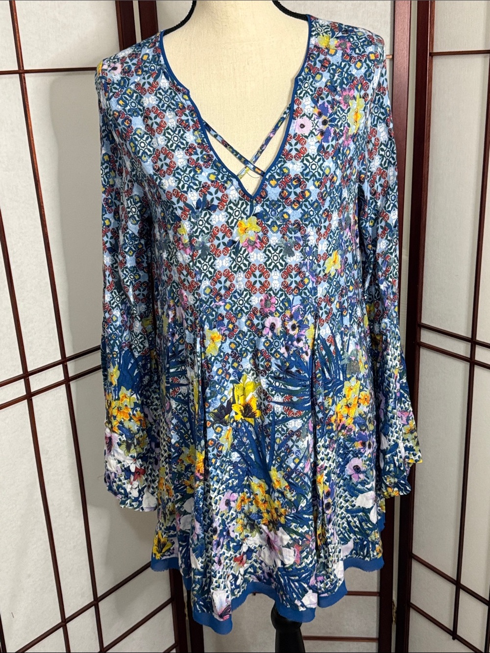 Umgee Blue Floral Crisscross V-Neck Tunic